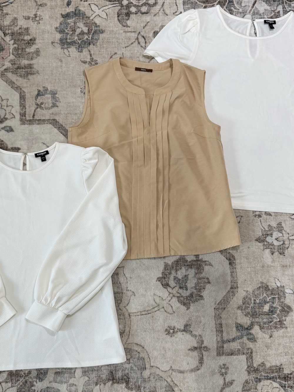 Bundle Office Tops XL Beige Pleated Sleeveless Blouse with Express White Tops
